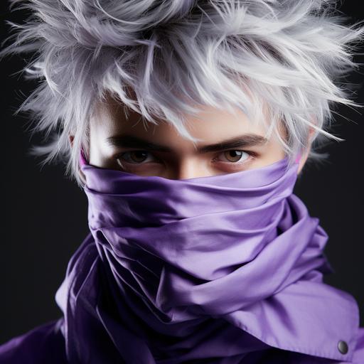 photograph symphonic A ninja hiding his mouth with a light purple bandana. Her hair is short, spiky and white.
