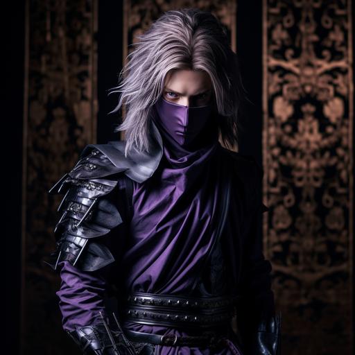 photograph symphonic male ninja Her hair is silver and short and spiky. Only the mouth is covered with a light purple bandana. ninja costume standing in the king's room in the palace whole body