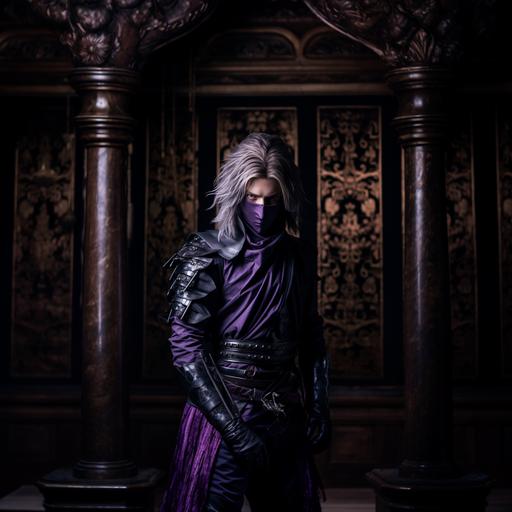 photograph symphonic male ninja Her hair is silver and short and spiky. Only the mouth is covered with a light purple bandana. ninja costume standing in the king's room in the palace whole body