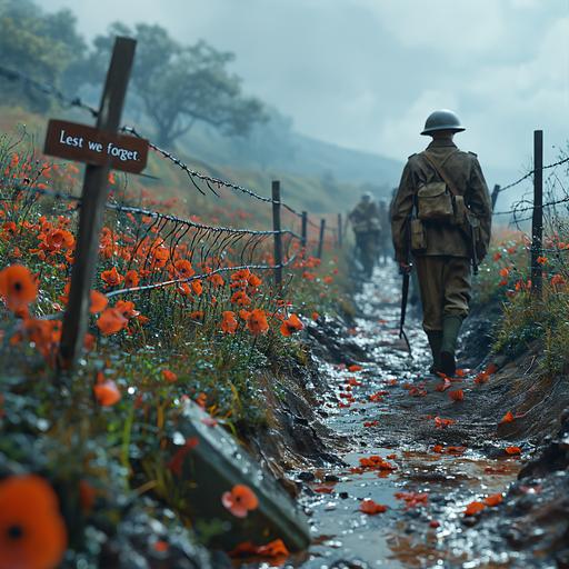 world war 2 platoon in a field including poppys and flowers, fence with barbed wire at top, trenches, headstone, mud, tanks, machine gunners, make text sign post on the ground with 