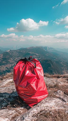 outdoor positive photograph, shiny, Red trash bag with black draw strings on a beautiful moutain top, 25mm lense --ar 9:16