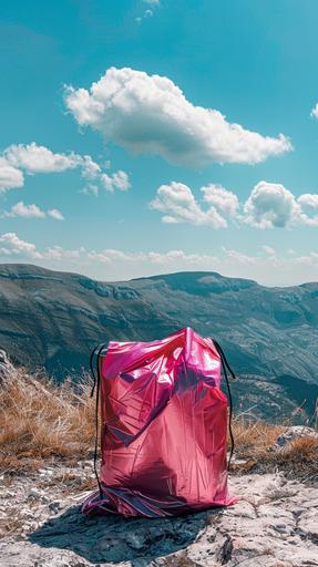 outdoor positive photograph, shiny, reflective hot pink trash bag with black draw strings in a modern stainless steel trash can on a beautiful moutain top, 25mm lense --ar 9:16