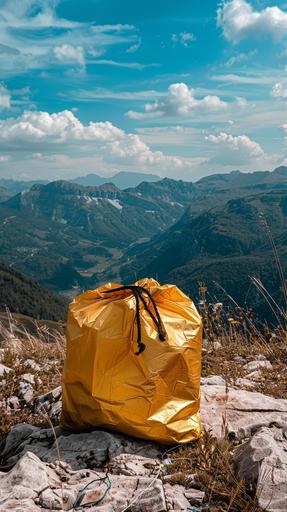 outdoor positive photograph, shiny, yellow trash bag with black draw strings on a beautiful moutain top, 25mm lense --ar 9:16