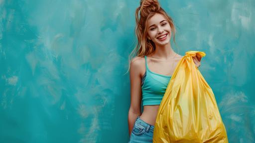 show a happy model girl holding a yellow trash bag --ar 16:9