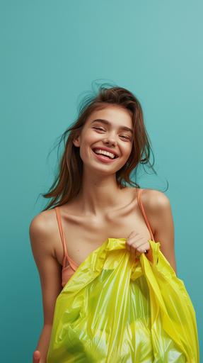 show a happy model girl holding a yellow trash bag --ar 9:16