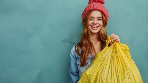 show a happy model girl holding a yellow trash bag --ar 16:9