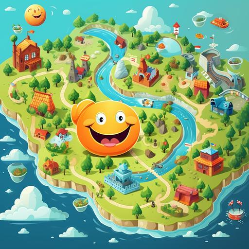 Animated and childish images of a smile map, diney, cartoon, adventure,s avatar, childish.