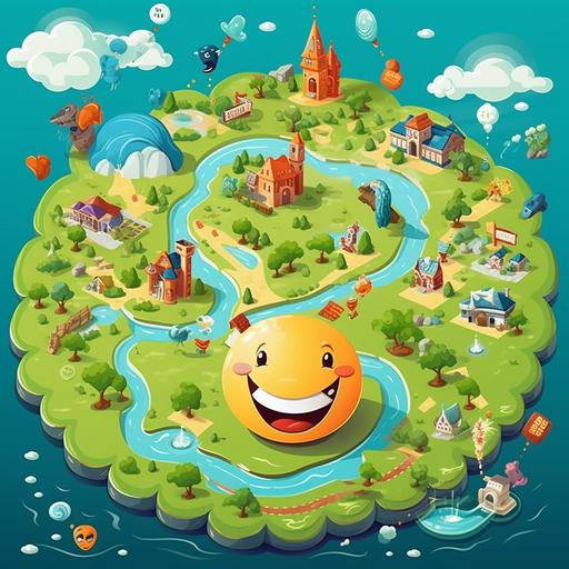Animated and childish images of a smile map, diney, cartoon, adventure,s avatar, childish.