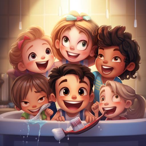 Cute images of several children smiling and cleaning their teeth; Cartoon Style, Disney, Avatar]