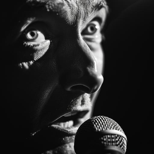 Create a close-up, gritty black-and-white image of a stand-up comedian speaking into a microphone, capturing the raw energy of a dimly lit comedy club. The comedian's expression is one of intense engagement and passion, their eyes alight with the thrill of performance. The atmosphere is thick with anticipation, the audience's presence felt rather than seen, adding a sense of depth and connection. The image should have a textured, grainy quality, reminiscent of vintage photography, enhancing the timeless and authentic feel of the scene. Emphasize the contrasts between light and shadow to highlight the comedian's face and the microphone, creating a dramatic and captivating composition. This image aims to convey not just a moment of comedy, but a profound human experience shared between performer and audience, all within the intimate confines of a stand-up club