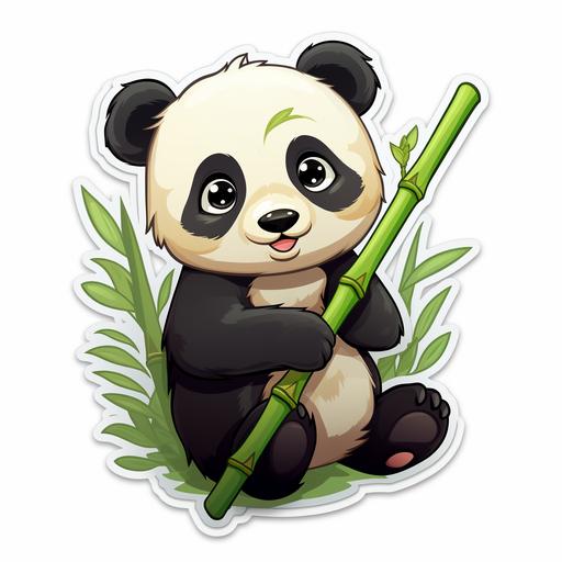 cute panda eating bamboo sticker, cartoon style