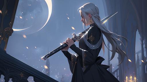 In the realm of formidable determination, a woman stands, adorned in a sleek black dress that billows like the shadows of night. In her hand, she wields a sharp and gleaming white sword, an emblem of her unwavering resolve. Her gaze is resolute, piercing through the unknown, reflecting the fires of determination that burn within her soul. Beside her stand two magnificent white wolves, their fur pristine and their eyes a mesmerizing shade of cerulean blue. They exude an aura of loyalty and strength, companions to the fearless warrior, bound by a shared purpose. Against a backdrop ablaze with a brilliant, radiant light, this brave and fierce woman embodies the epitome of courage. She is a beacon of fortitude, a symbol of unwavering bravery, and an inspiration to all who dare to tread the path of adventure --niji --style scenic --ar 16:9