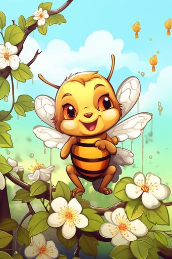 cartoon character cute honey bee is frantically trying to free herself from a flowering blackberry bush thorn CMYK --ar 2:3