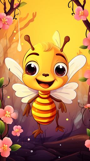 create a colorful cartoon image of an adorable female honey bee that is frantically trying to free herself from a thorn bush. She has beautiful round sparkly eyes with eyelashes. Her wing is stuck on flowering back berry thorn bush CMYK color --ar 9:16