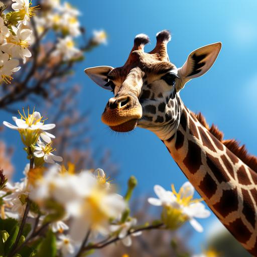 create an image of a cute giraffe looking very closely at an adorable honey bee that has her wing caught on a flowering blackberry bush thorn on a sunny day in the safari ar 2:3