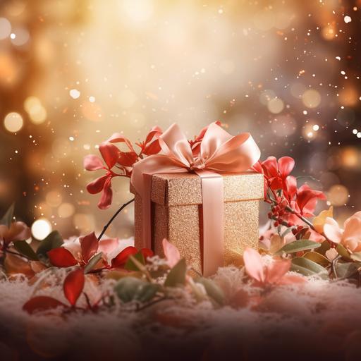 Christmas atmosphere background,highly detailed foliage,pink and white petal,red christmas gift box,warm yellow light,nature light,overall red colour,green tone --v 5.2 --style raw