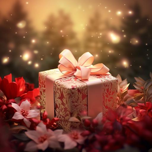 Christmas atmosphere background,highly detailed foliage,pink and white petal,red christmas gift box,warm yellow light,nature light,overall red colour,green tone --v 5.2 --style raw