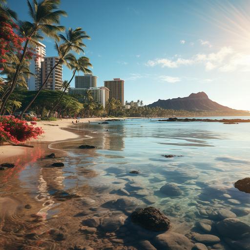 Beautiful landscape image of Waikiki Beach, Oahu, Hawaii at 8:00 a.m. on a sunny day,, in a realistic photographic style detail and clarity at 8K resolution--V5.2 --s 250