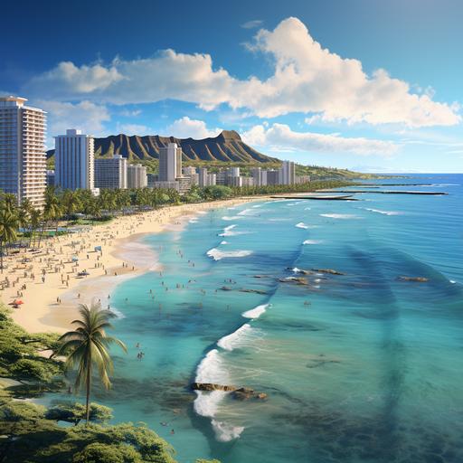 Beautiful landscape image of Waikiki Beach, Oahu, Hawaii at 8:00 a.m. on a sunny day,, in a realistic photographic style detail and clarity at 8K resolution--V5.2 --s 250
