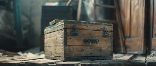 Cinematic, highest quality, realistic, cinematic poster, perfect cinematic lighting, 24mm lens, shot by Arri camera, vintage wooden box, --ar 47:20