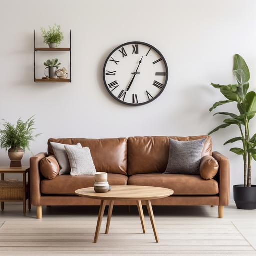 Create a cozy and modern living room with a brown leather sofa, wooden furniture, a wall clock, and decorative plants. A framed quote is hung on the wall