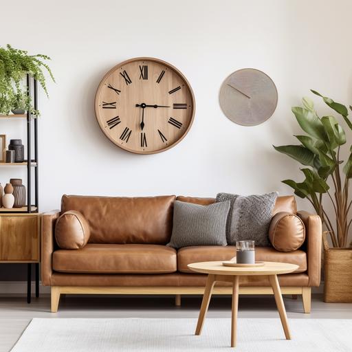 Create a cozy and modern living room with a brown leather sofa, wooden furniture, a wall clock, and decorative plants. A framed quote is hung on the wall