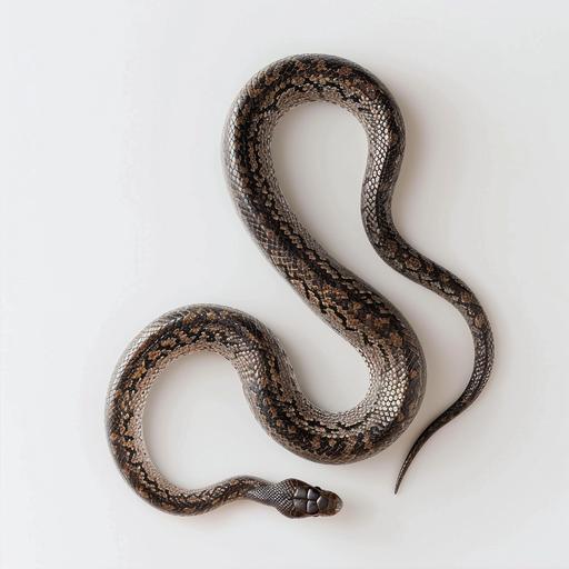 Hyperrealistic image of a stretched out snake from above with a white background