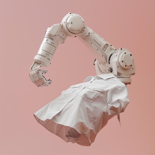 a photograph in the style of Miriam Martín Price of a white automated robotic arm picking up a shirt with a dusty pink background