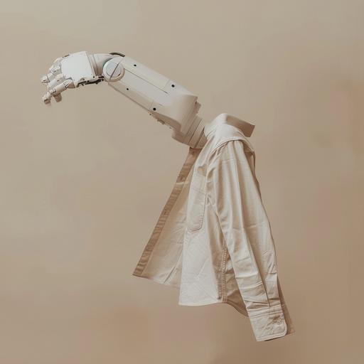 a photograph in the style of Miriam Martín Price of a white automated arm picking up a shirt with dusty beige background