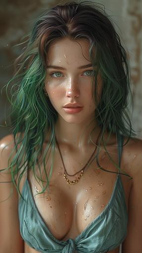 girl with green hair highlights in tank top, long brown hair, in the style of hyper-realistic atmospheres, anime aesthetic, dotted, fenghua zhong, close up, light gold and dark emerald, 32k uhd --ar 9:16 --stylize 750 --v 6.0