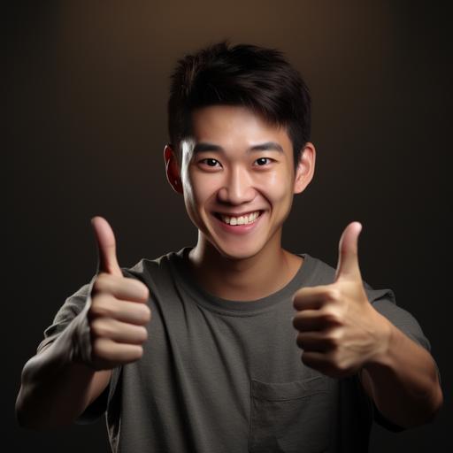 realistic photo, asian young adult thumb up 2 hands, happily