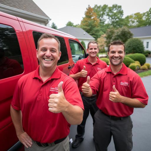 3 radon mitigation professional thumbs up behind service van and their polo shirt is color red