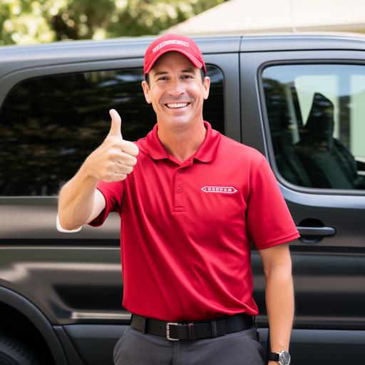 3 radon mitigation professional thumbs up behind service van and their polo shirt is color red