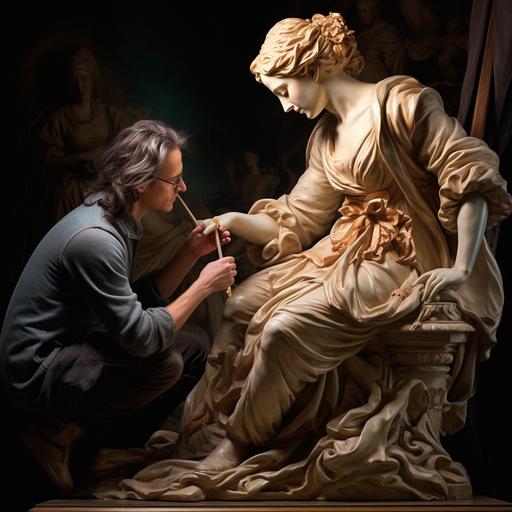 the image is a painting from the rococo period. the image shows a sculptor sculpting a sculpture of a woman body.