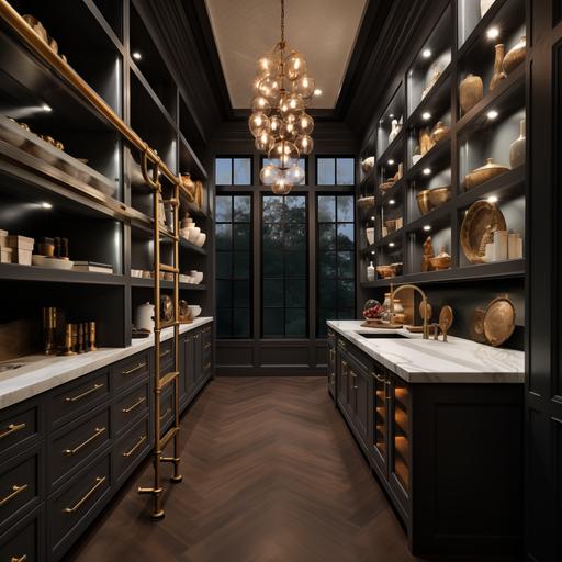 Interior architectural hi-res editorial award-winning photo butler's pantry with industrial luxury with architectural millwork, nuetral jewel tones with champagne gold color palette, evening lighting, marble floor, detailed, multiple angles, high resolution, photorealistic, shot with a Sony Alpha a7R IV with 35mm f/2.8 GM lens --v 5.2 --style raw