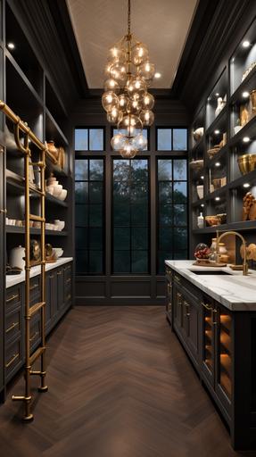 Interior architectural hi-res editorial award-winning photo butler's pantry with industrial luxury with architectural millwork, nuetral jewel tones with champagne gold color palette, evening lighting, marble floor, detailed, multiple angles, high resolution, photorealistic, shot with a Sony Alpha a7R IV with 35mm f/2.8 GM lens --ar 9:16 --v 5.2 --style raw