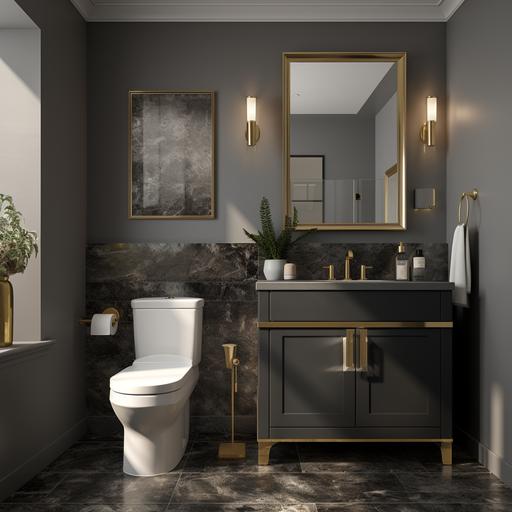 powder bathroom dimension 5ft by 5ft, has toilet and a counter with sink on the same wall, black granite countertop, dark gray cabinets, light color tile flooring, accent wall with tiles from roof to bottom, gold color faucets, golden edge mirrors, golden cabinet hardware