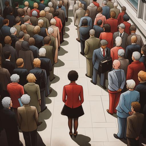 a woman being picked for a job from a crowd of 100 people for a job at a company focused on expanding the healthy human lifespan