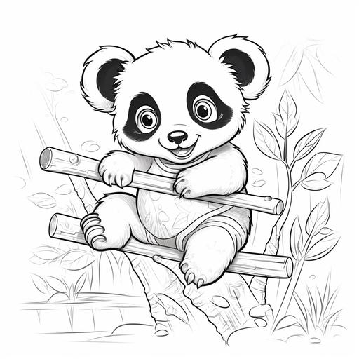 color page for kids, baby panda climbing a bamboo tree, cartoon style, thick lines, low detail, black and white, no shading 9:11