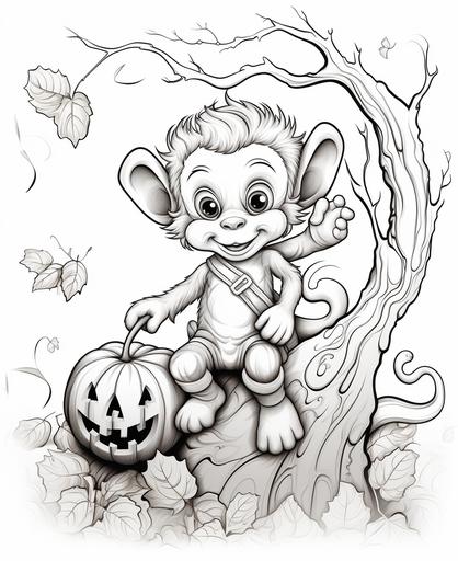 color page for kids, halloween style, baby monkey jumping in a tree in a forest with halloween pumpkin, cartoon style, thick lines, low detail, black and white, no shading, white background --ar 9:11