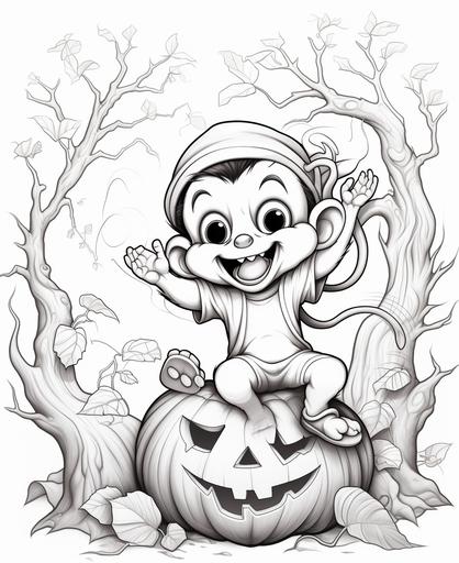 color page for kids, halloween style, baby monkey jumping in a tree in a forest with halloween pumpkin, cartoon style, thick lines, low detail, black and white, no shading, white background --ar 9:11