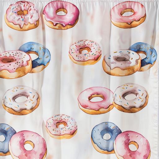 A hand-drawn watercolor illustration of doughnuts on white curtains
