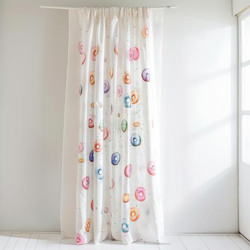 long camera shot with A hand-drawn watercolor illustration of doughnuts on white curtains