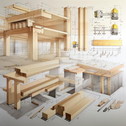A realistic architectural drawing sheet of Dowel Laminated Timber along with a few Assembly drawings in the same picture
