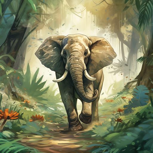 Create a visually stunning image with advanced levels of detail, and an animation style depicting an elephant running towards and trumpeting in a dense jungle, use watercolours and cartoon-like imagery