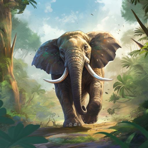 Create a visually stunning image with advanced levels of detail, and an animation style depicting an elephant running towards in a dense jungle, use watercolours and cartoon-like imagery