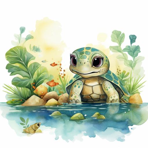 a pond in a jungle with a cute turtle beside a baby leopard drawn in cartoon-like style using watercolour white background , do not mix the animals