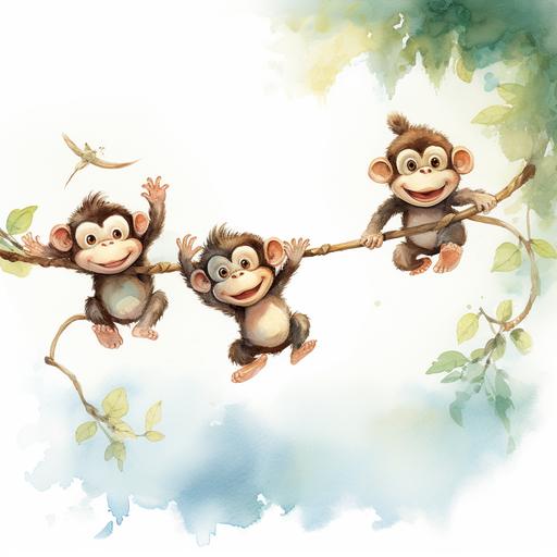 a watercolour cartoon-like illustration for a kids book on white background of three small monkeys hanging and jumping on a branch