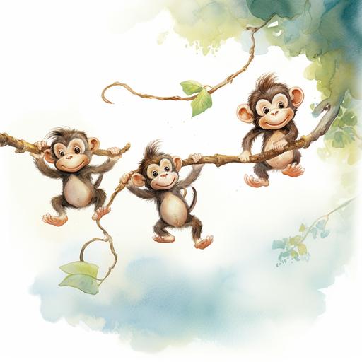 a watercolour cartoon-like illustration for a kids book on white background of three small monkeys hanging and jumping on a branch