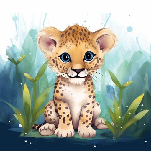 create watercolour variations of the baby leopard that is on the image, keep the face expression of the leopard. Cartoon-like style. Sky is blue, jungle is green